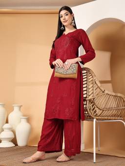 Khaka-The Chikankari Heritage - Women Maroon Embroidered Rayon Kurta with Pant