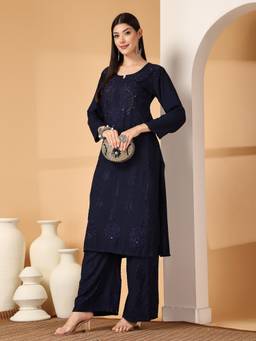 Khaka-The Chikankari Heritage - Women Blue Embroidered Rayon Kurta with Pant