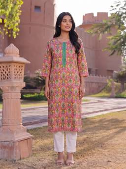 Rangita - Women Pink Printed Cotton Kurta