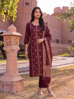 Rangita - Women Maroon Embroidered Viscose Kurta and Pant with Dupatta