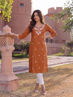 Rangita - Women Rust Embroidered Cotton Kurta