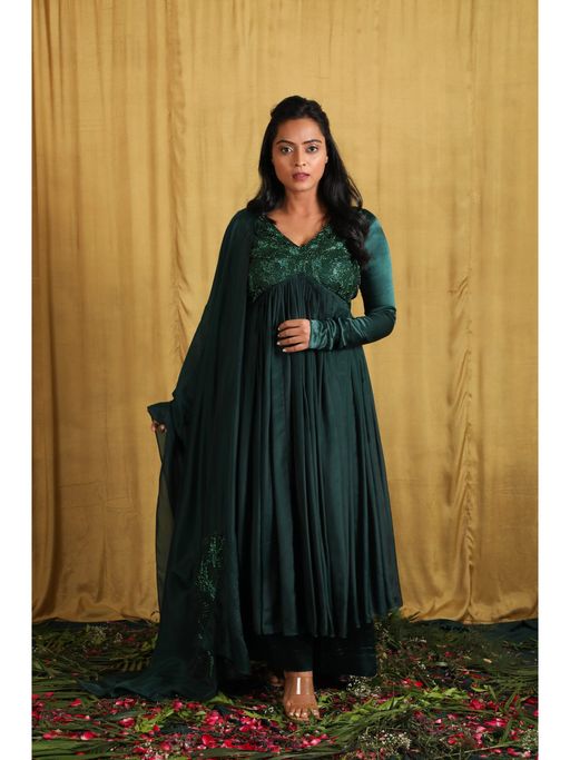 slim fit dress slacks Buy Bottle Green Georgette Anarkali Gown with Hand Embroidered Floral  Design main image 1
