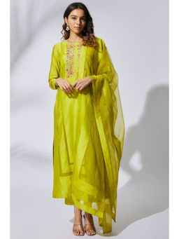 THE AARYA - Lime Green Handwoven Chanderi Embroidered Kurta (Set of 3)