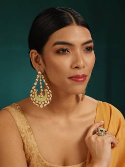 MINAKI - 22K Gold Plated Earrings In Kundan-Polki Setting-Green
