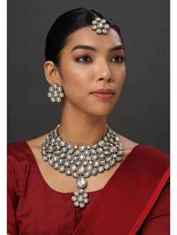 MINAKI - 22K Gold Plated Necklace Set In Kundan-Polki Setting-Silver (Set of 3)