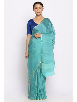Via East - Striped Sea Green Crepe Saree with Unstitched Blouse