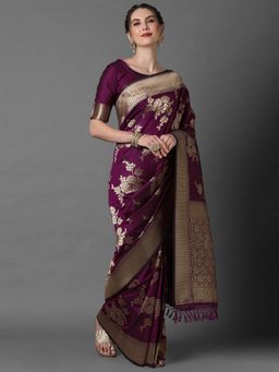 Odette - Purple Festive Silk Blend Woven Design Saree with Unstitched Blouse