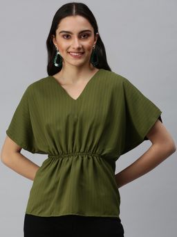 SHOWOFFFF - Women V-Neck Flare Sleeves Stripes Olive Top
