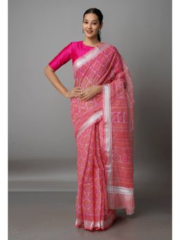 Unnati Silks - Peach Pure Block Printed Kota Cotton Saree with Unstitched Blouse