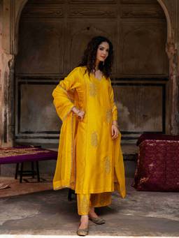 CHARU MAKKAR - Mustard Rubina Kurta And Palazzo With Dupatta