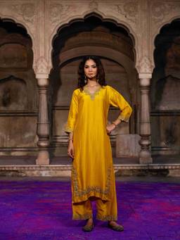 CHARU MAKKAR - Mustard Juhika Kurta And Palazzo With Dupatta