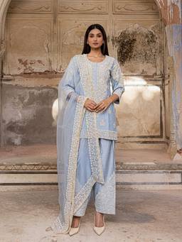 CHARU MAKKAR - Blue SABOOR Kurta and Farshi Salwar with Dupatta