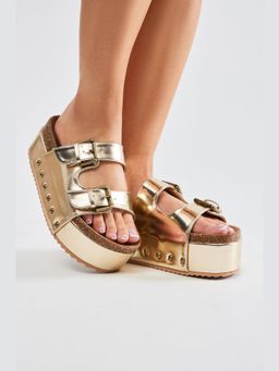 IRUSSH - Glimmer Gold Cork Light Weight Strappy Platform Heels