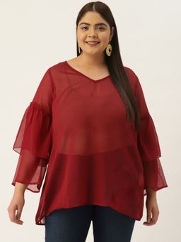 theRebelinme - Plus Size Women Maroon Solid Bell Sleeves Georgette Longline Top