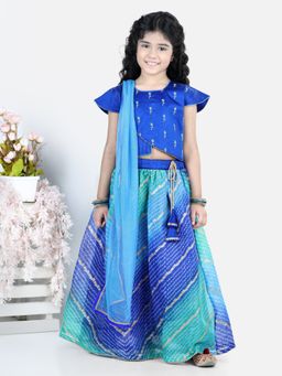 Kinder Kids - Blue Lehriya Kota Lehenga with Blue Embroidered Top and Dupatta (Set of 3)