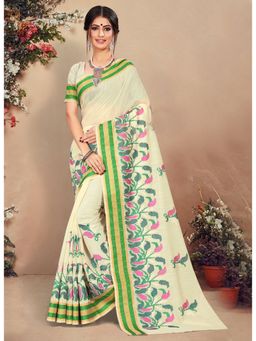 Sangam Prints - Cream Thread Work Traditional Saree with Unstitched Blouse