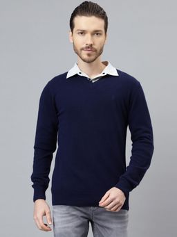 WOODLAND - Mens Solid Full Sleeves Navy Blue Sweater