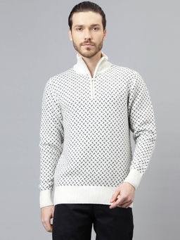 WOODLAND - Mens Self Design Full Sleeves Off White Sweater