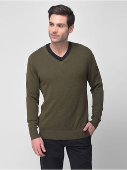 WOODLAND - Mens Solid Full Sleeves Green Sweater