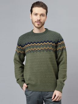 WOODLAND - Mens Self Design Full Sleeves Olive Sweater
