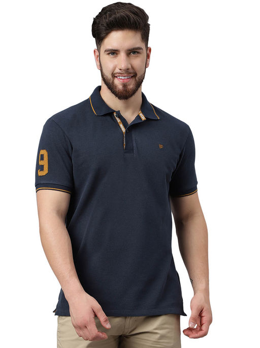 Buy WOODLAND Mens Solid Half Sleeves Navy Blue Polo T-Shirt Online