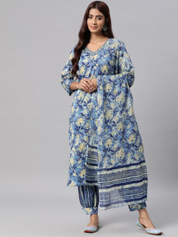 Readiprint - Women Cotton Printed Straight Kurta with Pant & Dupatta-Blue (Set of 3)