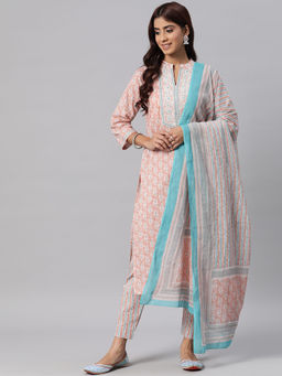 Readiprint - Women Cotton Printed Straight Kurta with Pant & Dupatta-Peach (Set of 3)