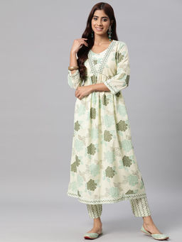 Readiprint - Women Cotton Printed Cream Anarkali Kurta & Pant (Set of 2)