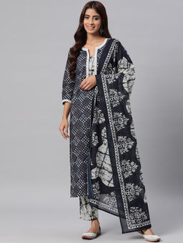 Readiprint - Women Cotton Printed Kurta with Pant & Dupatta-Navy Blue (Set of 3)