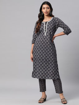 Readiprint - Women Cotton Printed Straight Kurta & Pant -Black (Set of 2)