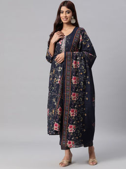 Readiprint - Women Silk Floral Straight Kurta with Pant & Dupatta-Navy Blue (Set of 3)