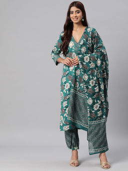 Readiprint - Women Cotton Printed Straight Kurta with Pant & Dupatta-Green (Set of 3)