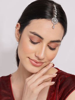 Sohi - Silver Toned White AD Studded Maang Tikka
