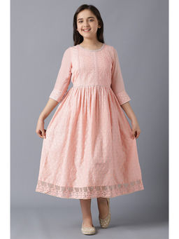 Aurelia - Girls Peach Sequinned Flared Schiffli Dress