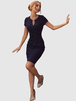 Outzidr - Key Hole Neckline Fitted Navy Blue Vacay Dress