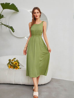 Outzidr - Green Elasticated Waist A-Line Dress
