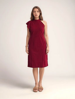 Outzidr - Solid Red Halter Neck Bodycon Party Dress