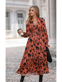 Outzidr - Orange Floral Print Smocked Midi Party Dress