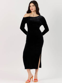 Outzidr - Off-Shoulder Slit Black Party Dress