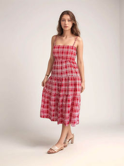 Outzidr - Red Checkered Vacay Dress