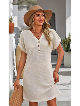 Outzidr - Beige Textured T-Shirt Dress