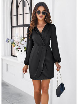 Outzidr - Black Pleated Wrap Mini Party Dress