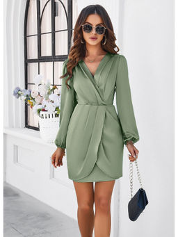 Outzidr - Green Pleated Wrap Mini Party Dress