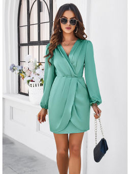 Outzidr - Sea Green Pleated Wrap Mini Party Dress