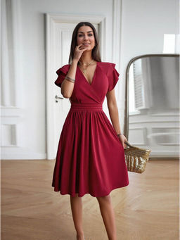 Outzidr - Maroon Fit And Flare Knee Length Dress With Wrap