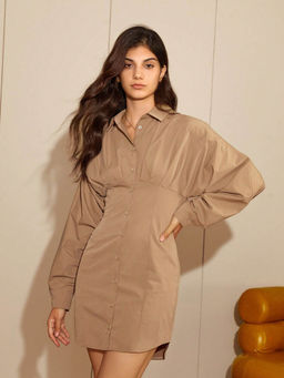 Outzidr - Brown Full Sleeve Flared Mini Vacay Shirt Dress