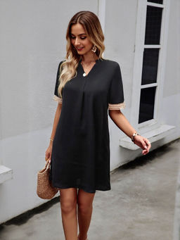 Outzidr - Black V Neck A-Line Tunic Dress