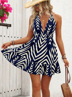 Outzidr - Printed Halter Flare Party Dress