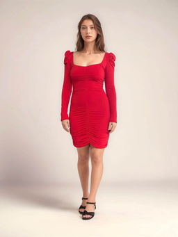 Outzidr - Red Long Sleeve Ruched Bodycon Party Dress