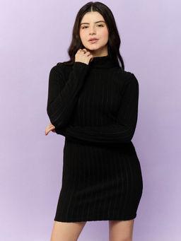 Outzidr - Black High Neck Solid Bodycon Party Dress